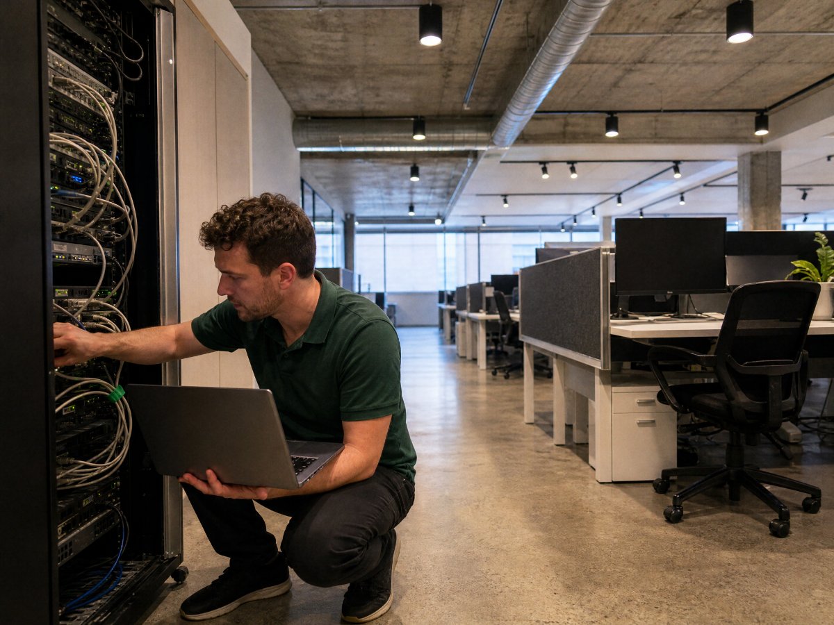 IT technician checking a server cabinet